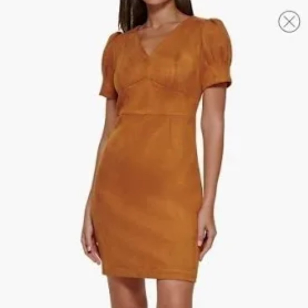 NWT DKNY V Neck Puff Sleeve Sheath Dress Faux Suede